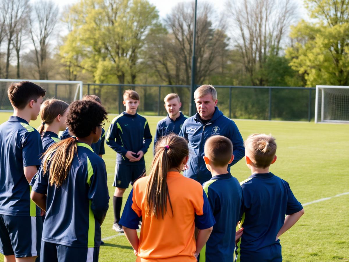 Coach instructing a group of young players