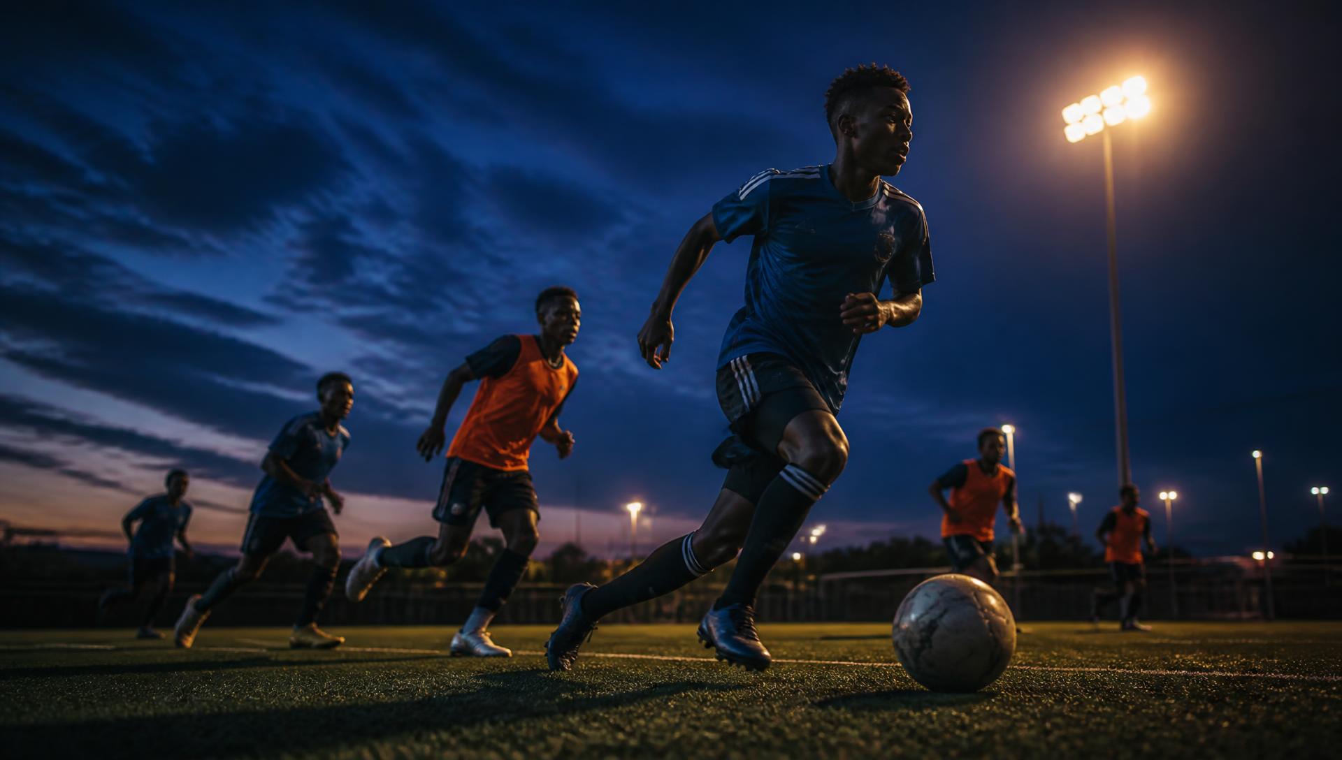 Young footballers training under floodlights