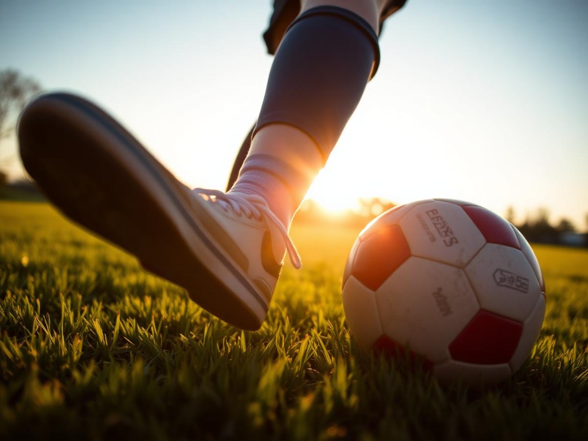 Young player controlling a football at golden hour